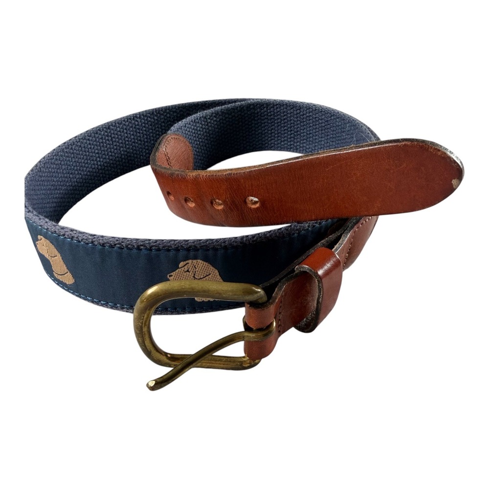 Leather Man Ltd Men Belt 34 Labrador Retriever Dog Navy Ribbon Leather Brass USA
